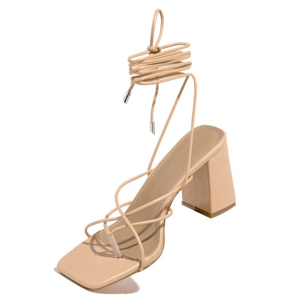 NEW🔥 Nude Strappy Lace-Up Block High Heel Sandals Thong Open Toe Ankle Strap - Picture 5 of 7